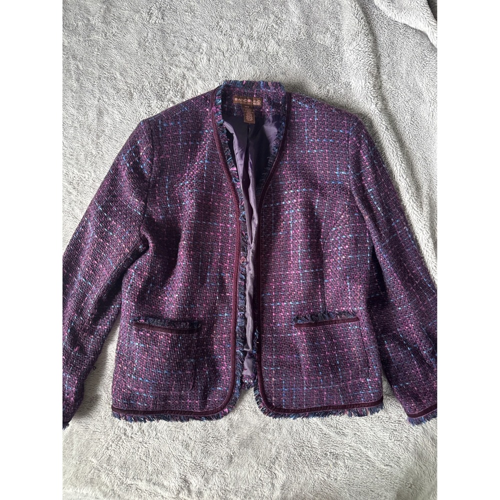 Bandolino Woman Purple Tweed Fringe Trim Blazer Jacket Plus Size 16W Collarless